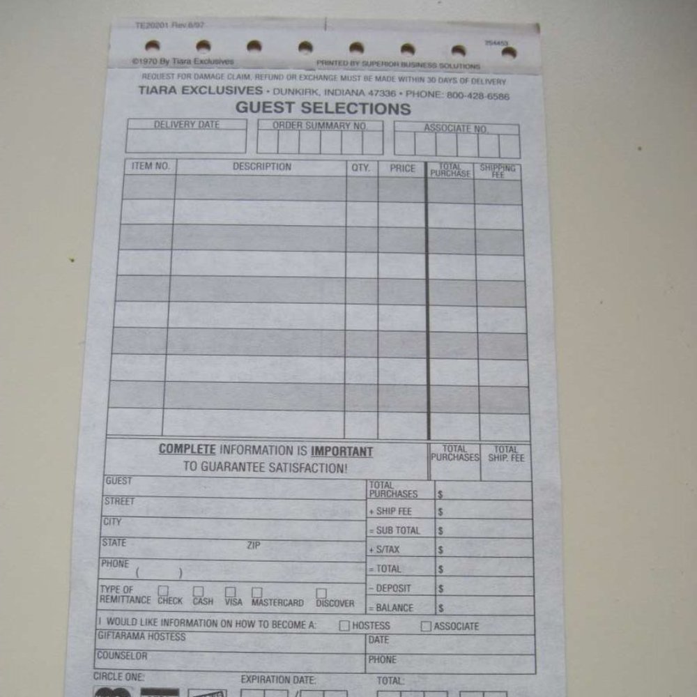 Tiara Exclusives Glassware Carbon Copies Guest Selections Order Form Sheets Memo